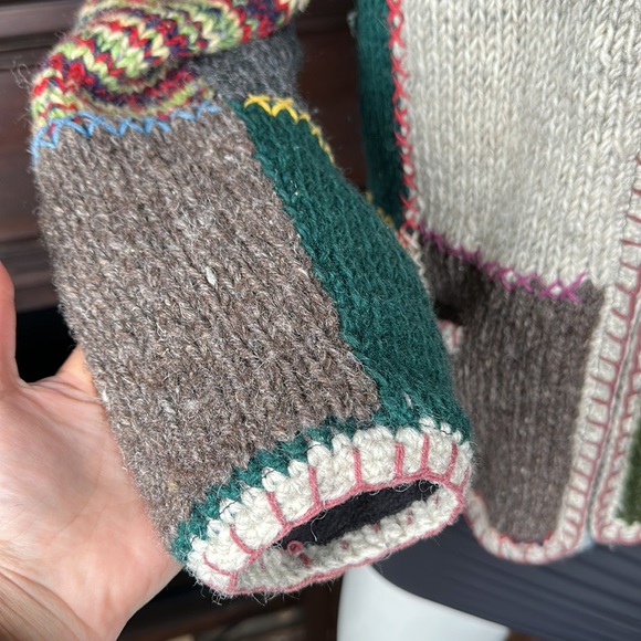 Patchwork boho hippie festival Wool Sweater jacket Chunky Knit Nepal small - Picture 3 of 11